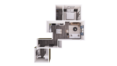 Floor plan for 1 bed, 1 bath, 608 sqft